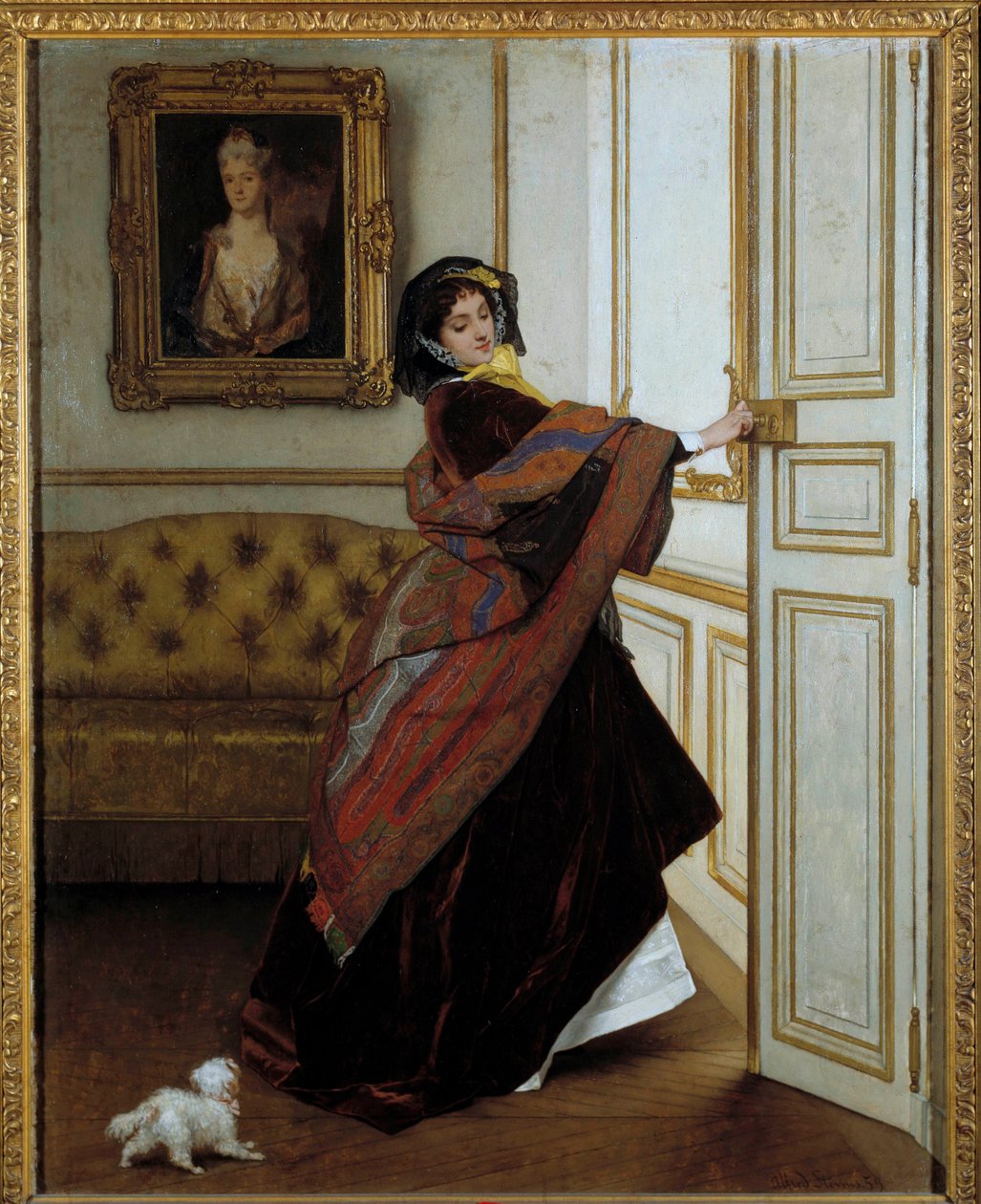 The Lady with the Little Dog Painting de Alfred Stevens (1823-1906) 1859. Óleo sobre tela. Dim: 61,6x48,9cm. Colecção privada de Alfred Emile Stevens