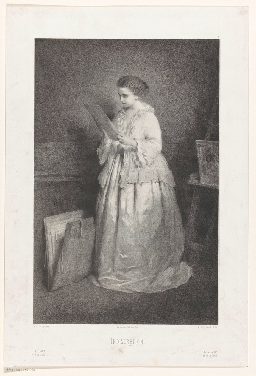 Jovem mulher olha para uma estampa ou desenho
Indiscrétion (título sobre o objecto) de Alfred François Lemoine