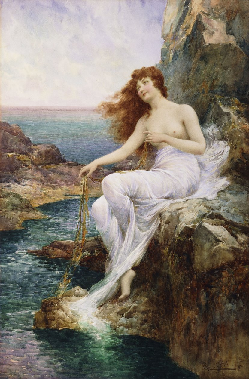 Uma ninfa do mar sentada em uma rocha com uma fita de algas, 1897 de Alfred Glendening