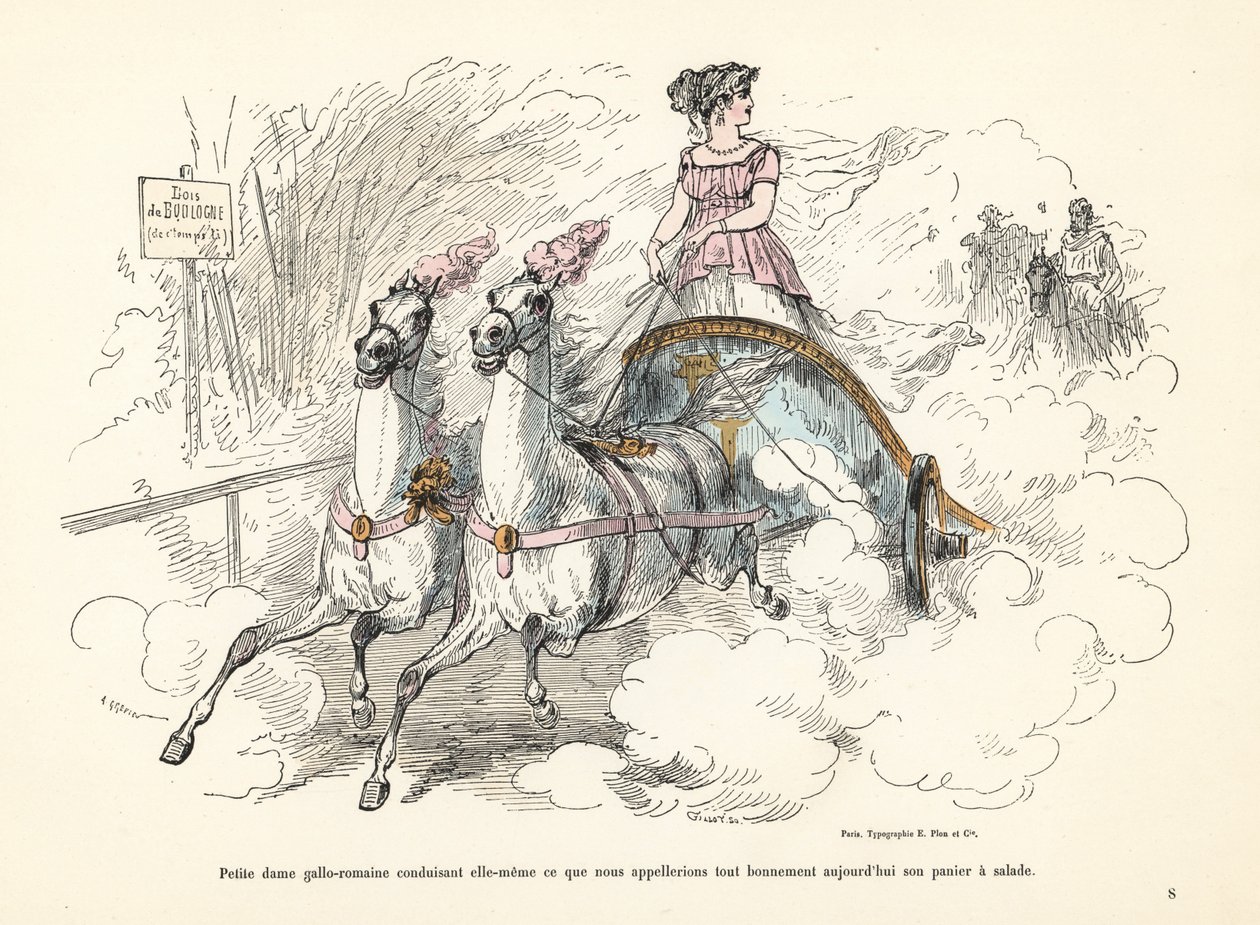 Mulher galo-romana montando uma biga carruagem de dois cavalos no Bois de de Alfred Grevin