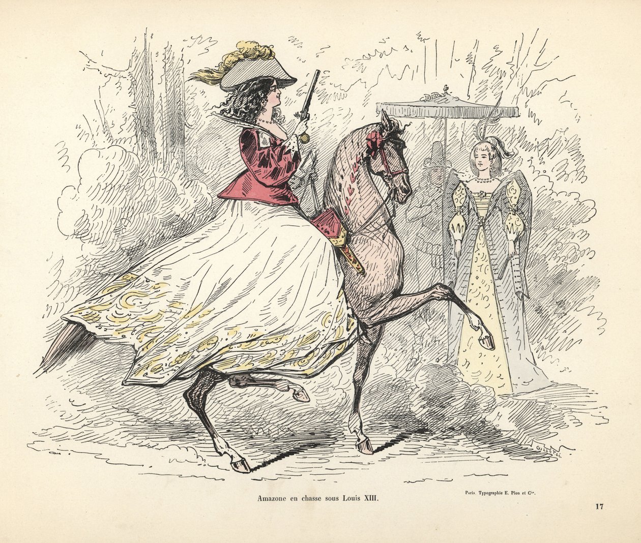 Fato de caça para mulher, época do rei Luís XIII de França de Alfred Grevin