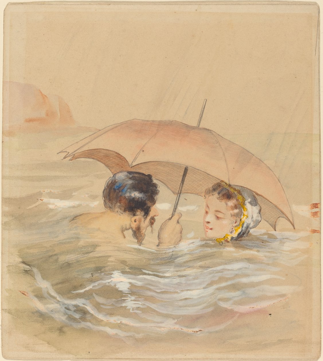 Banhistas masculinos e femininos com guarda-chuva de Alfred Grevin