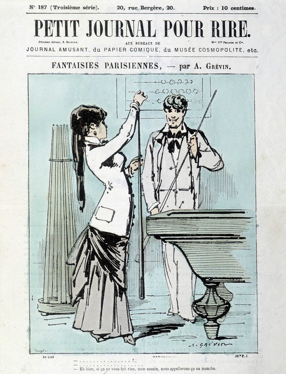 Fantasias parisienses de A. Grévin: Bem, se não se importa, meu primo, vamos chamar-lhe uma manga. Billiards player - capa do "Pequeno Diário para Risos" de Dez.1903 de Alfred Grevin