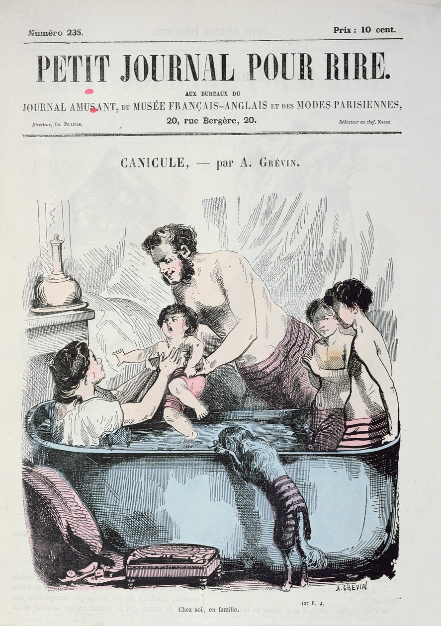 Calor Caloroso: O Banho da Família, capa de &39;Le Petit Journal pour Rire&39;, c.1860 de Alfred Grevin