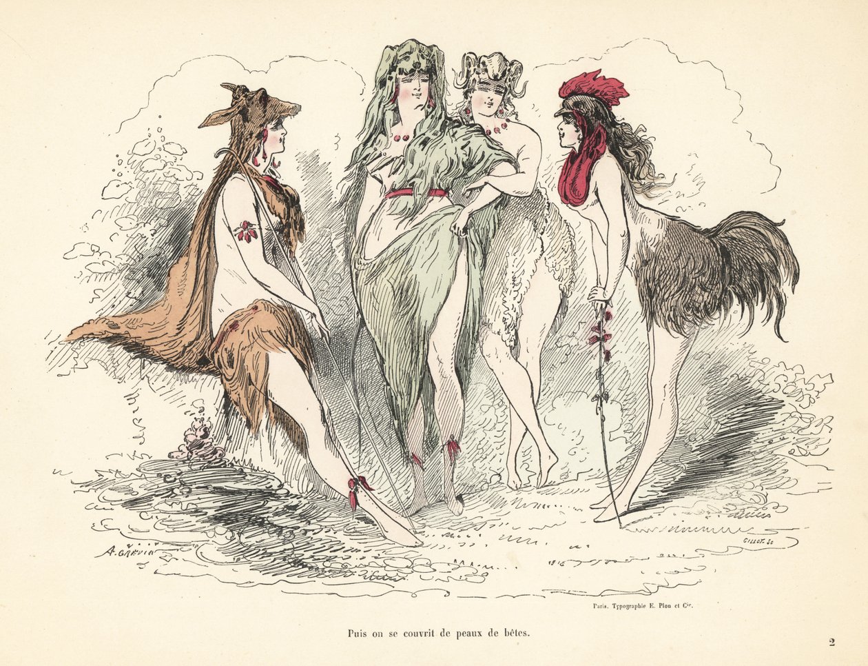 Mulher com trajes de peles, cabeças e penas de animais. de Alfred Grevin