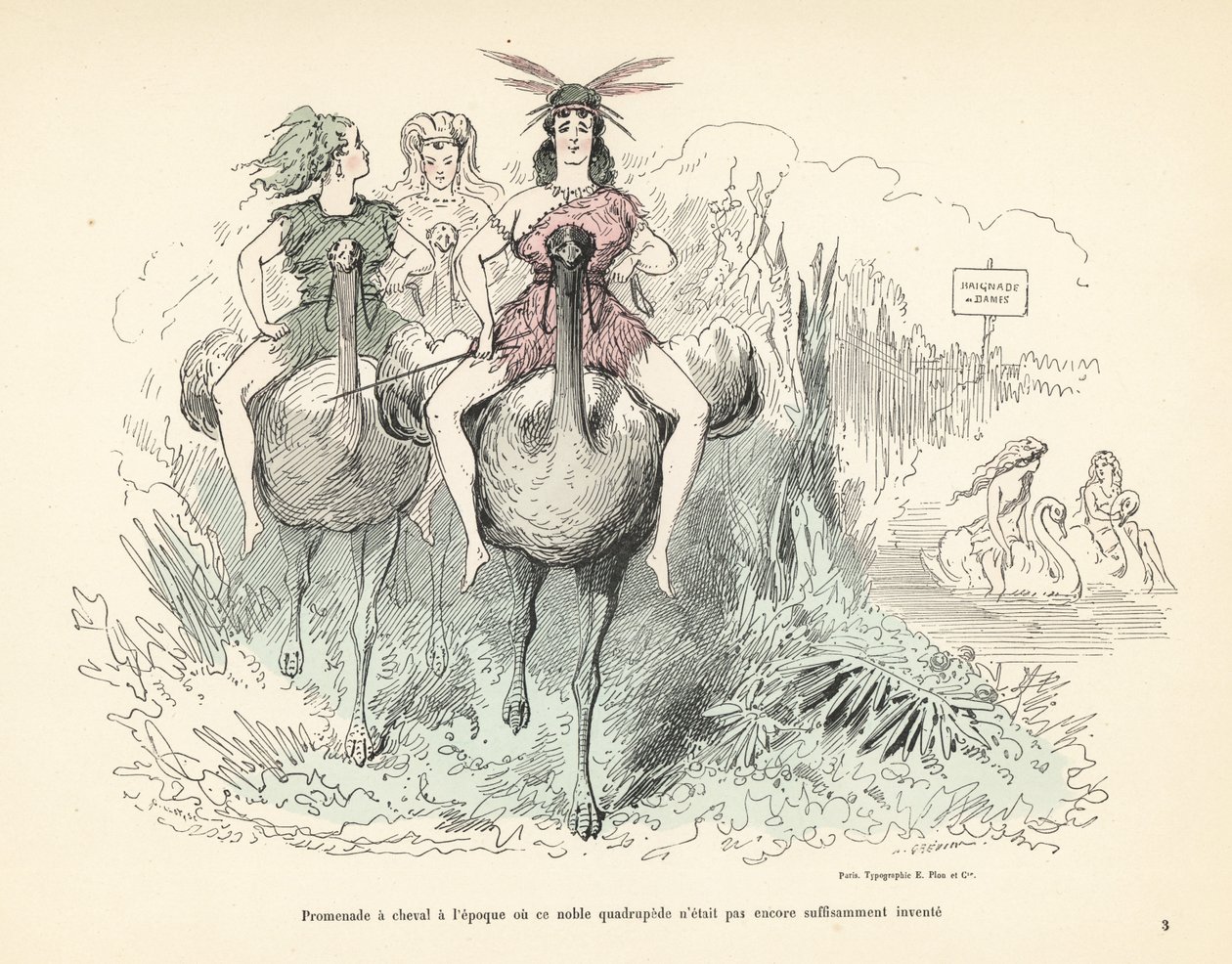 Mulheres com peles e penas de animais montando avestruzes e cisnes. de Alfred Grevin