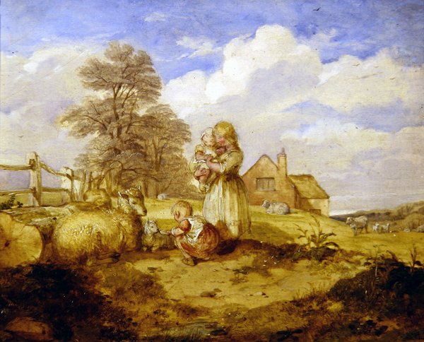 Crianças e Ovelhas Sob uma Árvore (óleo sobre tela) de Alfred H. Green