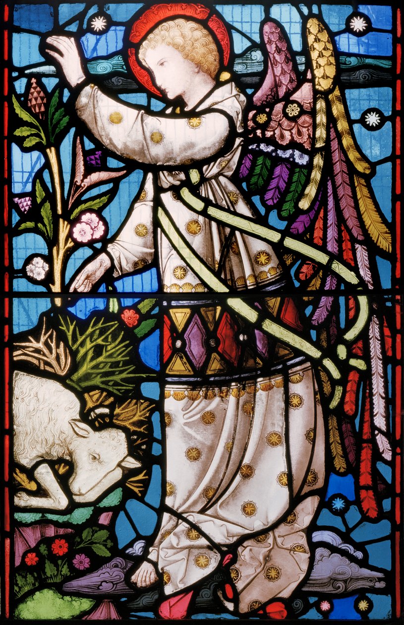 An Angel traz uma mensagem a Abraão para não sacrificar seu filho, mas substitui uma ovelha, que foi pega em arbustos, c.1867 (vitral) de Alfred Hassam