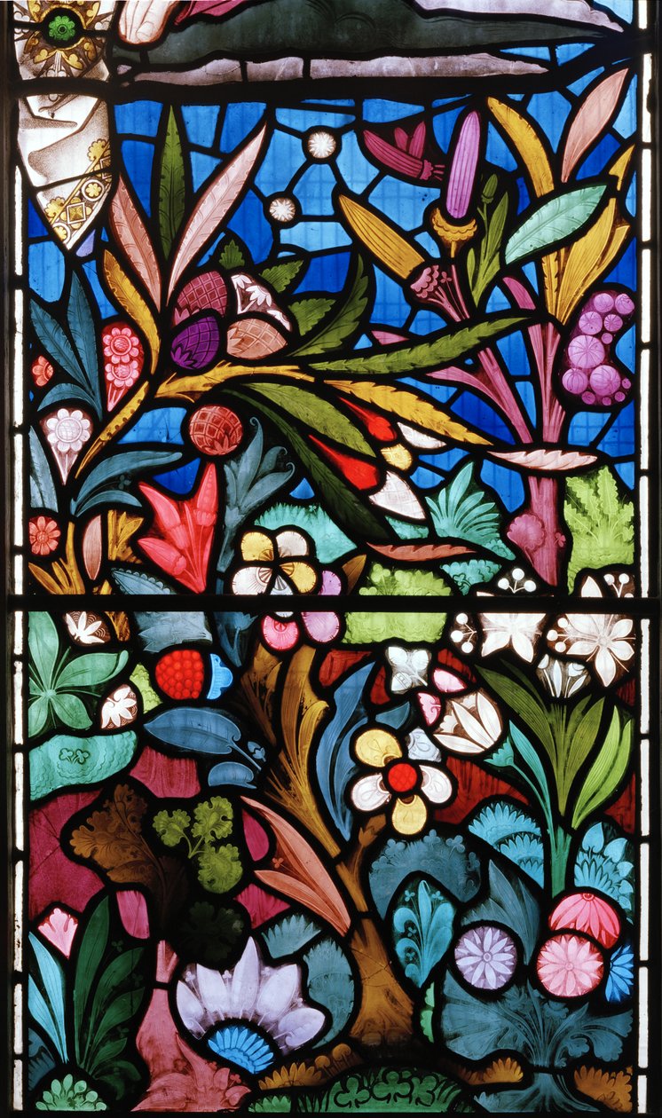 Design floral, detalhe da janela do leste, 1864 (vitral) de Alfred Hassam