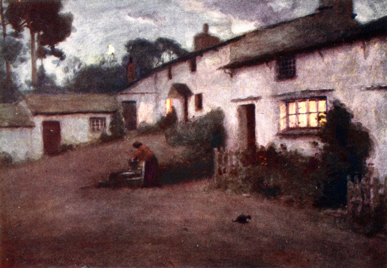Moonlight and Lamplight - Consiton Village, de um portfólio de gravuras das aquarelas originais, c.1920 de Alfred Heaton Cooper