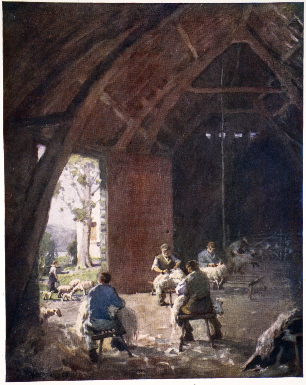 Sheepshearing, Esthwaite Hall Farm, de um portfólio de gravuras das aquarelas originais, c.1920 de Alfred Heaton Cooper