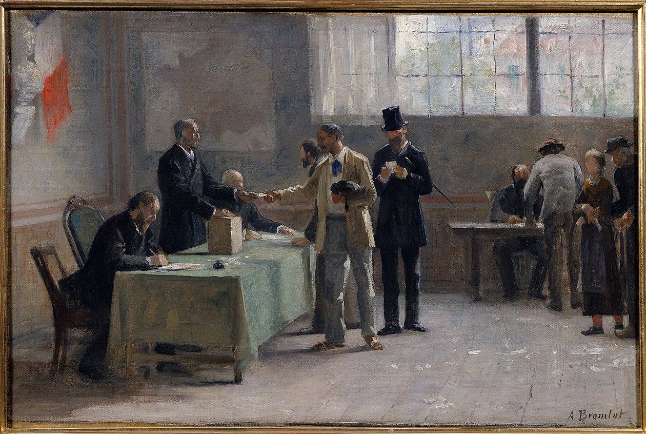 Sufrágio universal: Uma mesa de voto em 1889. esboço de Alfred Bramtot (1852-1894) 1889 de Alfred Henri Bramtot