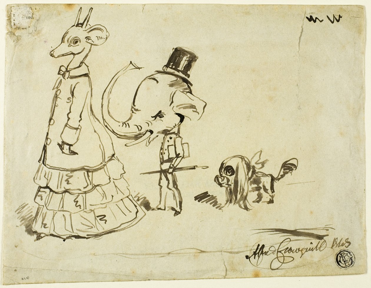 Caricatura de homem, mulher e cachorro de Alfred Henry Forrester