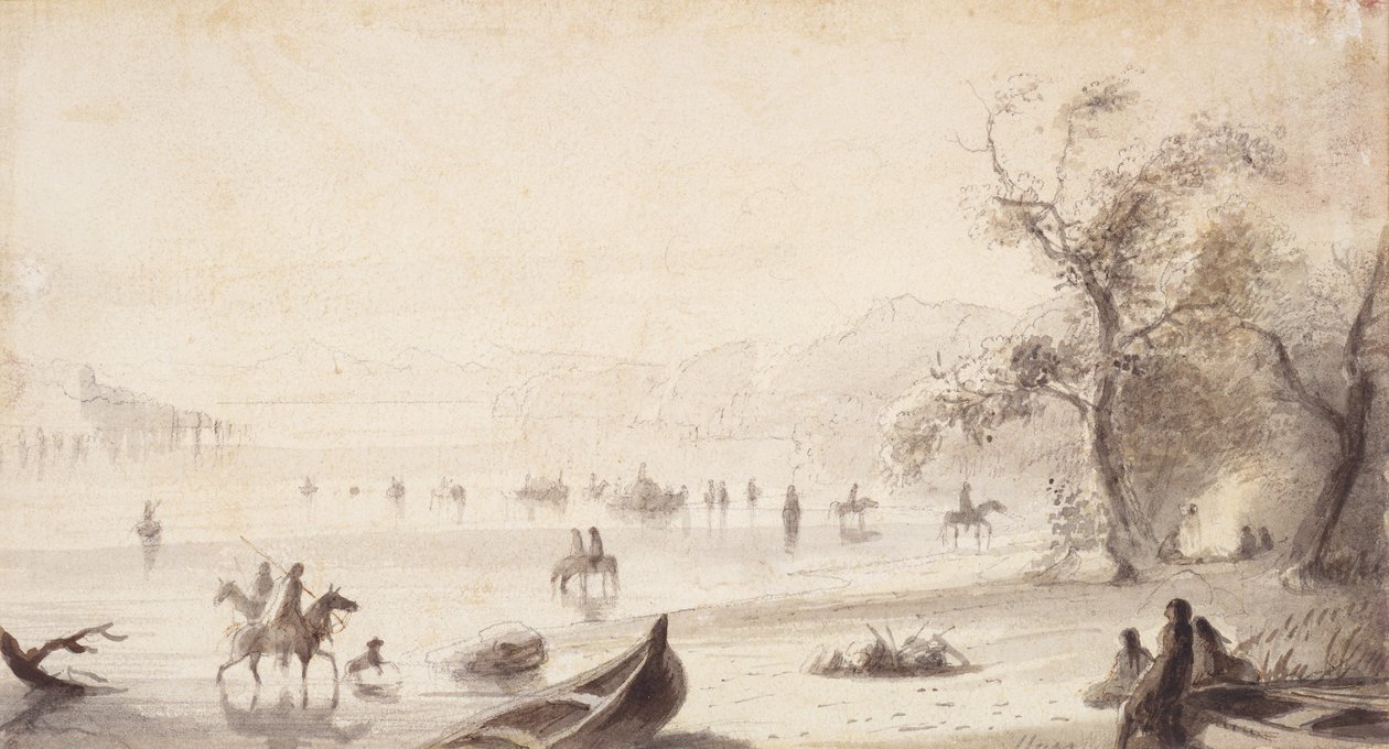 Bull Boating Across the Platte, c.1837 (desenho em papel) de Alfred Jacob Miller