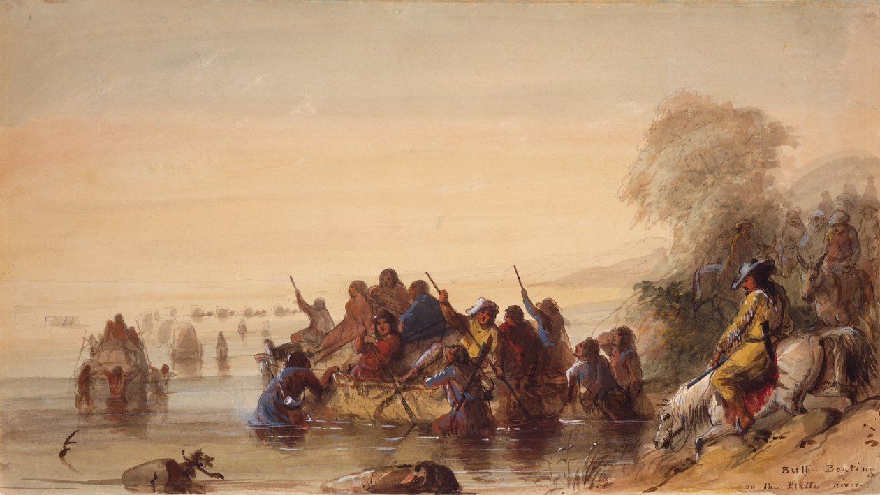 Bull Boating no Platte River, c.1837 (aquarela sobre papel) de Alfred Jacob Miller