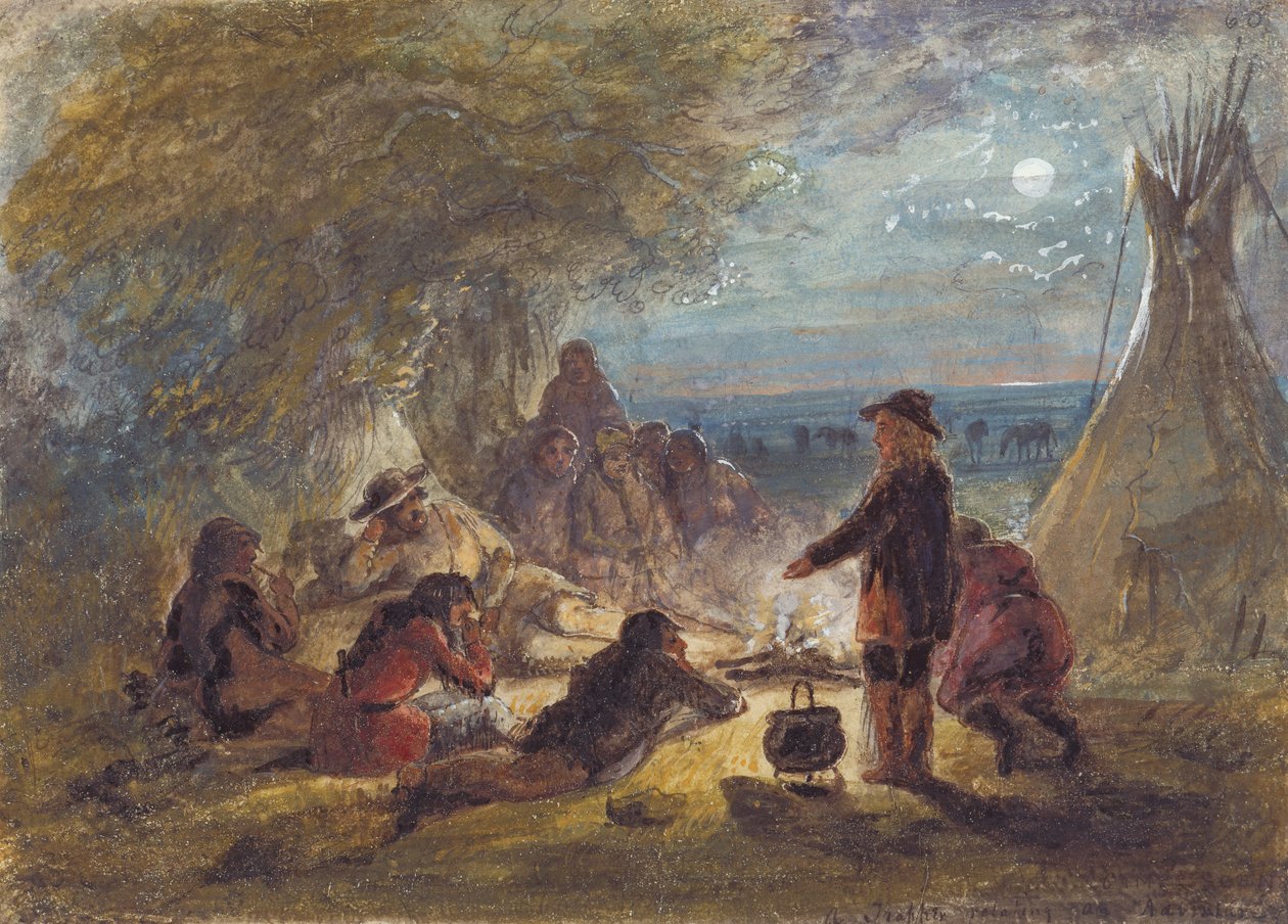 Acampamento de Incêndio à Noite; Trapper Relating an Adventure, c.1858 (lápis, caneta e tinta, aguarela e guache sobre papel) de Alfred Jacob Miller
