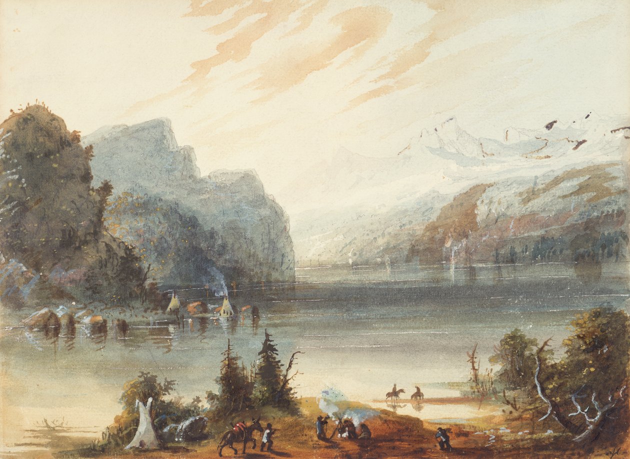 Chain Lake nas Montanhas Rochosas, c.1837 (lápis, aquarela e guache sobre papel) de Alfred Jacob Miller