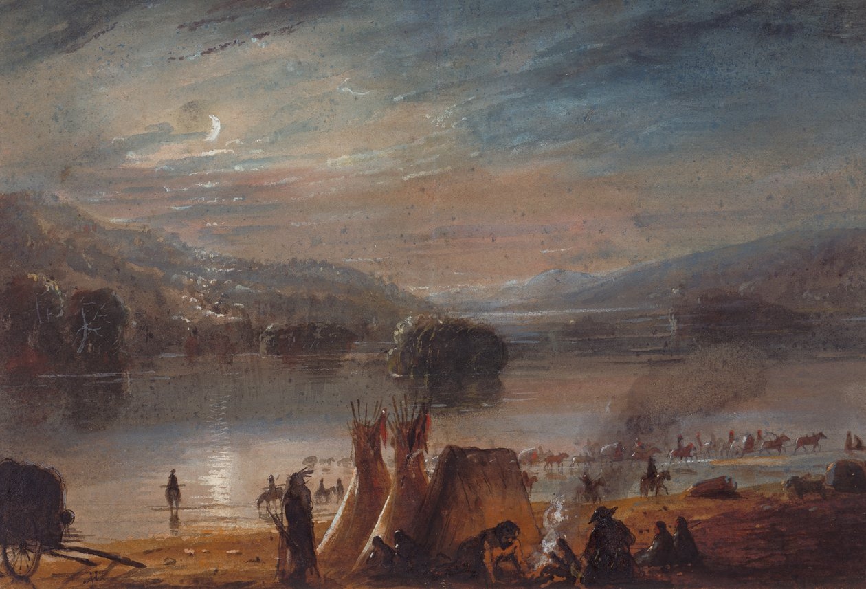 Atravessando o Rio ao Luar, Fazendo Acampamento, c.1858-60 (aquarela sobre papel) de Alfred Jacob Miller