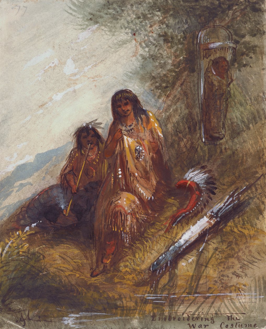 Bordar o Traje de Guerra, c.1837 (aguarela e guache sobre papel) de Alfred Jacob Miller