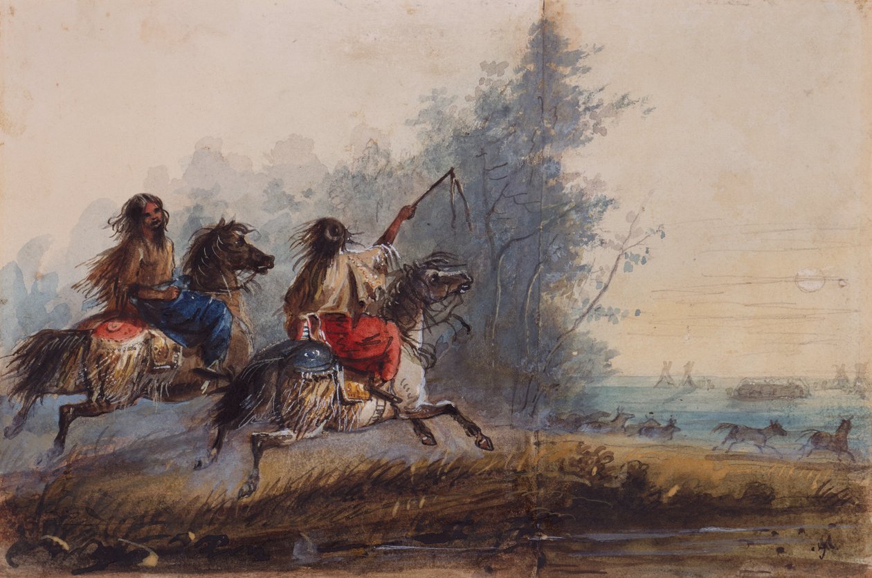 Fêmeas, Tribo Serpente, Cavalos Condutores, c.1837 (lápis, aguarela e guache sobre papel) de Alfred Jacob Miller