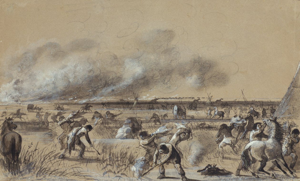 Fire on the Prairie, Setting Fire to the Camp, c.1837 (lavagem com destaques em papel) de Alfred Jacob Miller