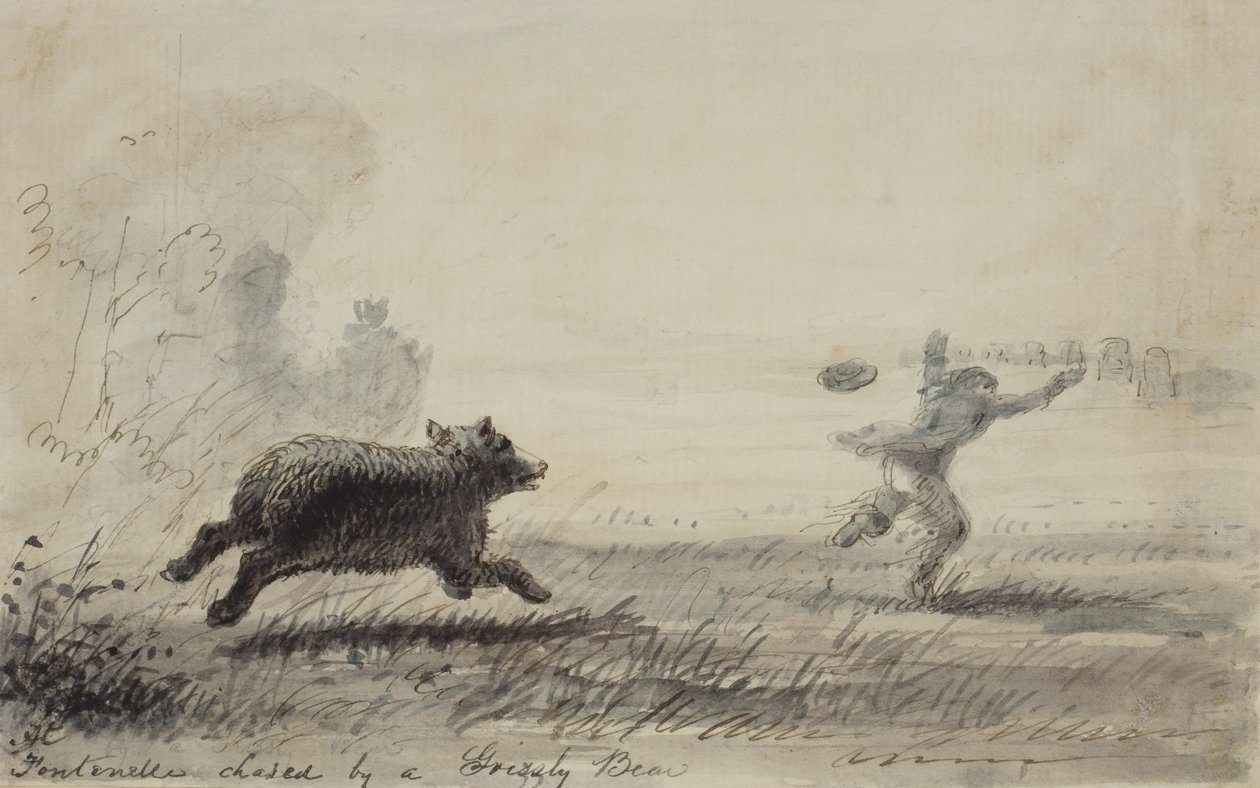 Fontenelle Perseguido por um Urso Pardo, c.1837 (caneta, tinta e aguada sobre papel) de Alfred Jacob Miller