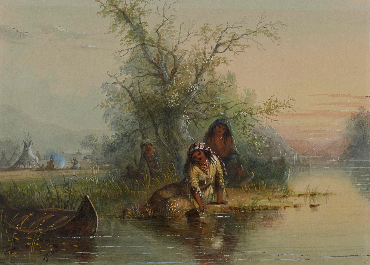 Acampamento indígena junto ao rio Eau Sucre de Alfred Jacob Miller