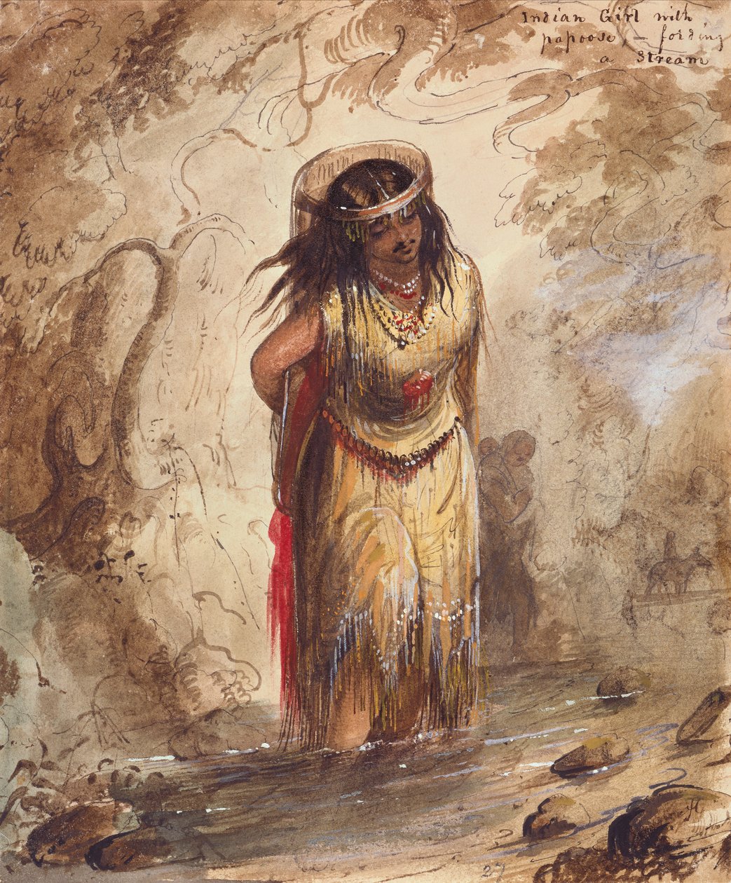 Indian Girl with Papoose Fording a Stream, c.1837 (lápis, aquarela e guache sobre papel) de Alfred Jacob Miller