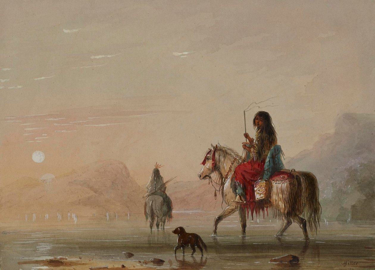 Um índio e a sua squaw a atravessar um rio a vau de Alfred Jacob Miller