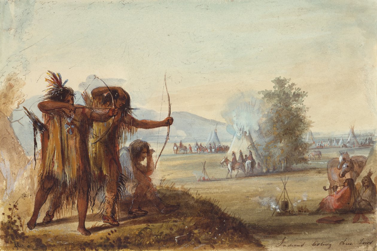 Índios Testando seus Arcos, c.1858 (lápis, aquarela e guache sobre papel) de Alfred Jacob Miller