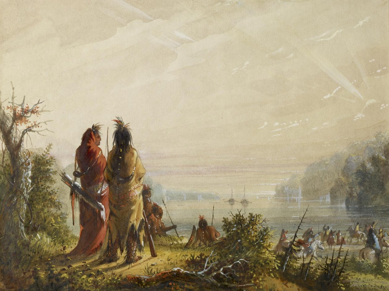 Índios ameaçam atacar barcos de caçadores de peles de Alfred Jacob Miller