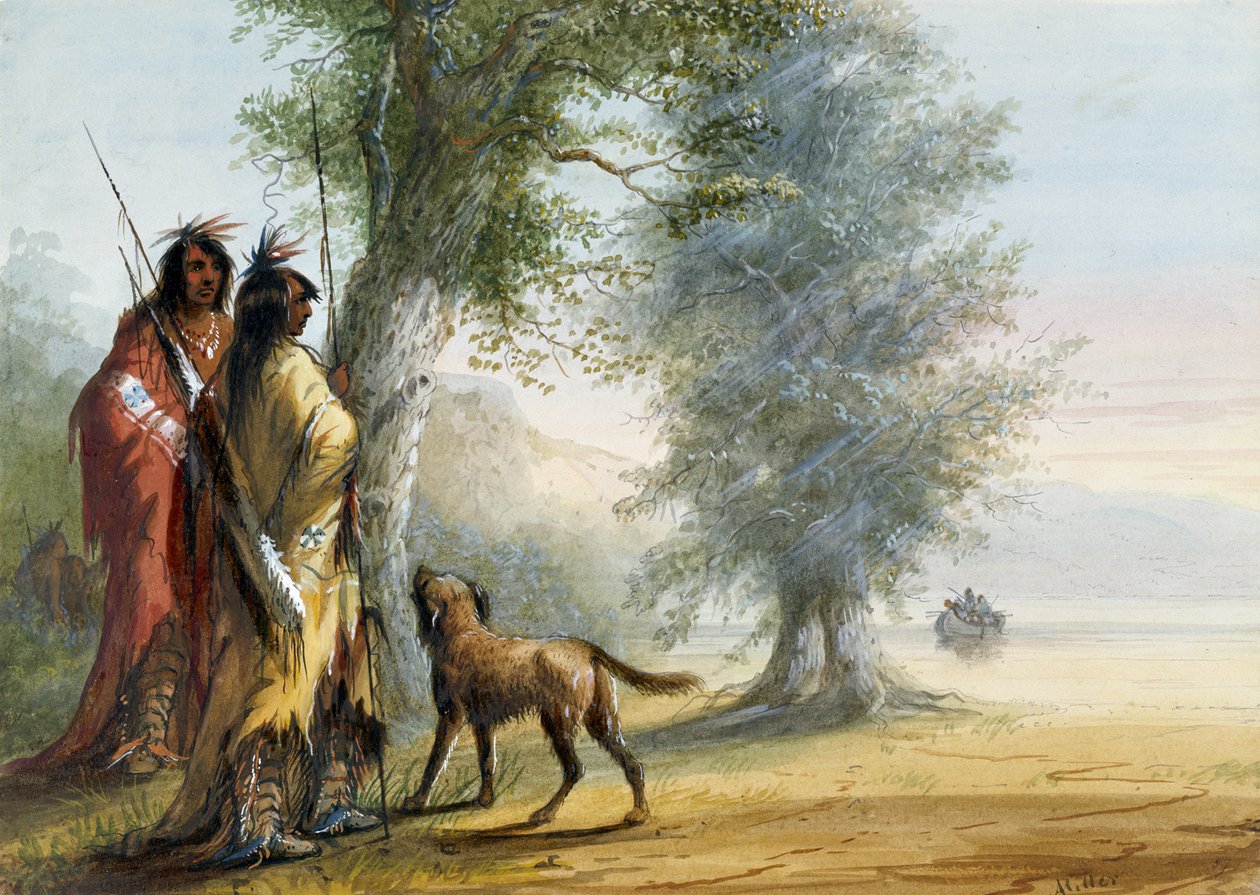 Índios a observar uma canoa de Alfred Jacob Miller