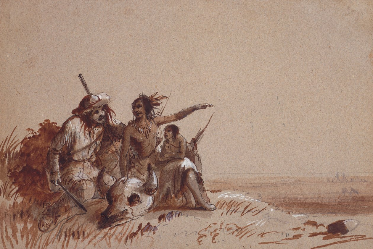 Índio do Kansas contando a um caçador, por sinais, a migração do búfalo, c.1837 (lápis e aguadas marrons e pretas no papel) de Alfred Jacob Miller