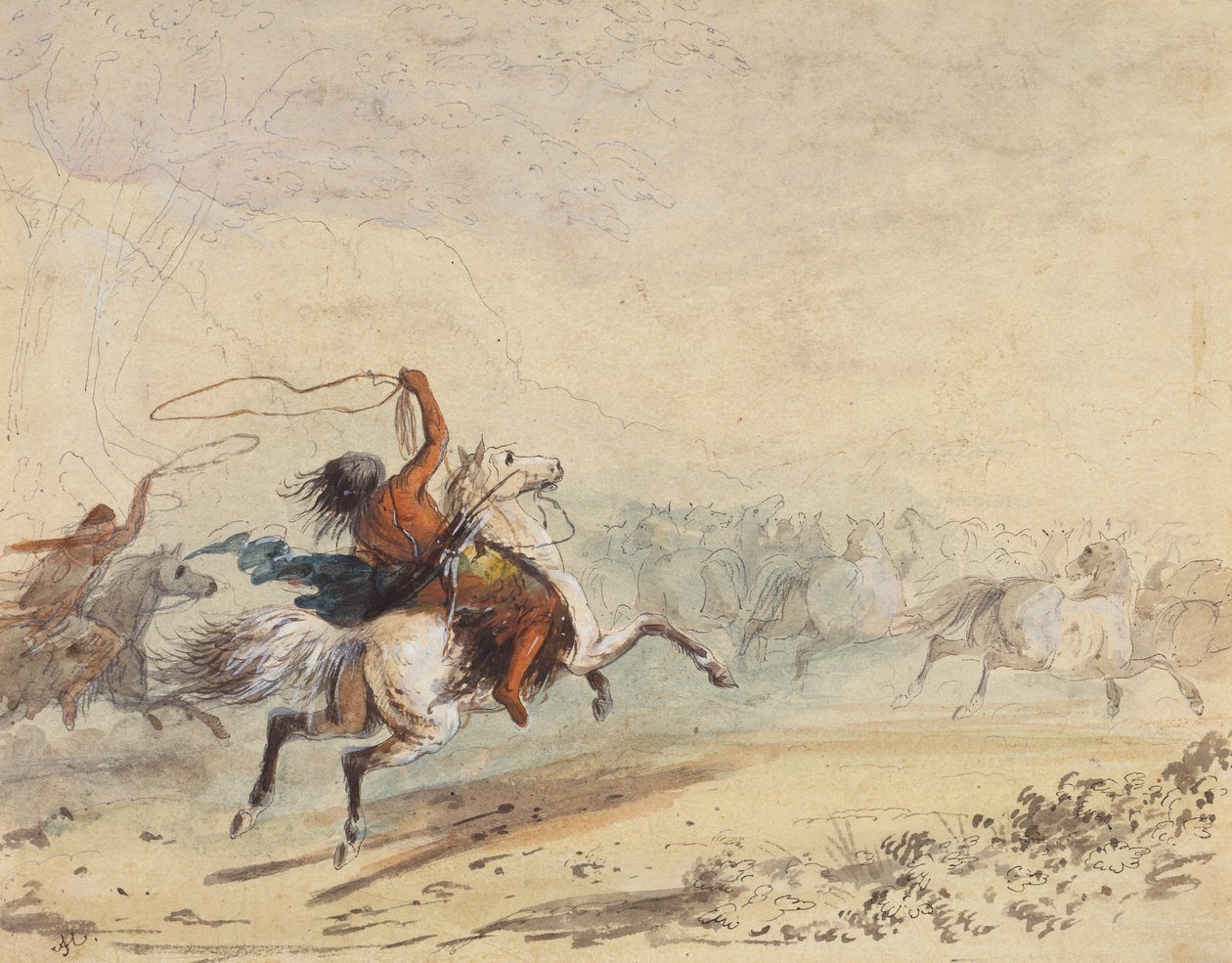 Lassoing Wild Horses, c.1837 (lápis, caneta, tinta, aguarela, e guache sobre papel) de Alfred Jacob Miller