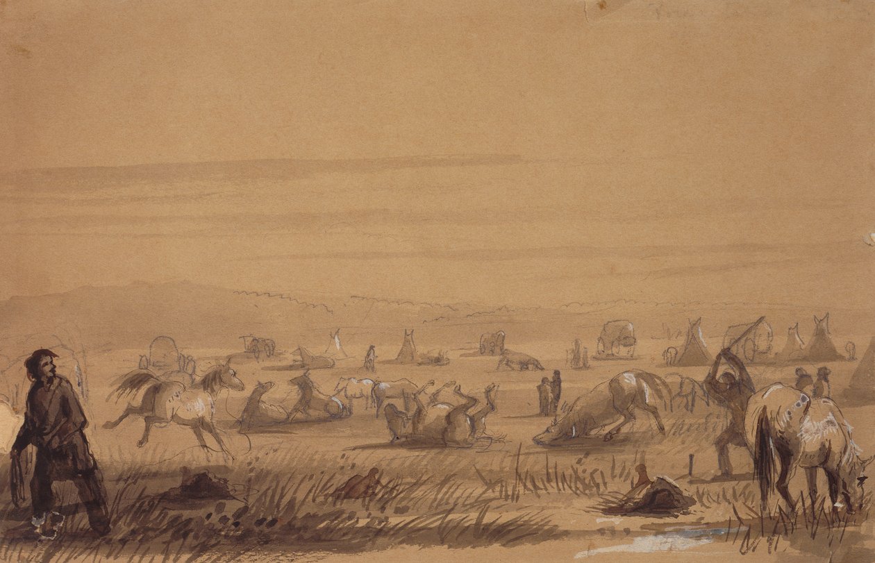 Reaching Camp, Removing the Saddles, c.1837 (lápis, caneta e tinta, lavagem, e guache sobre papel) de Alfred Jacob Miller