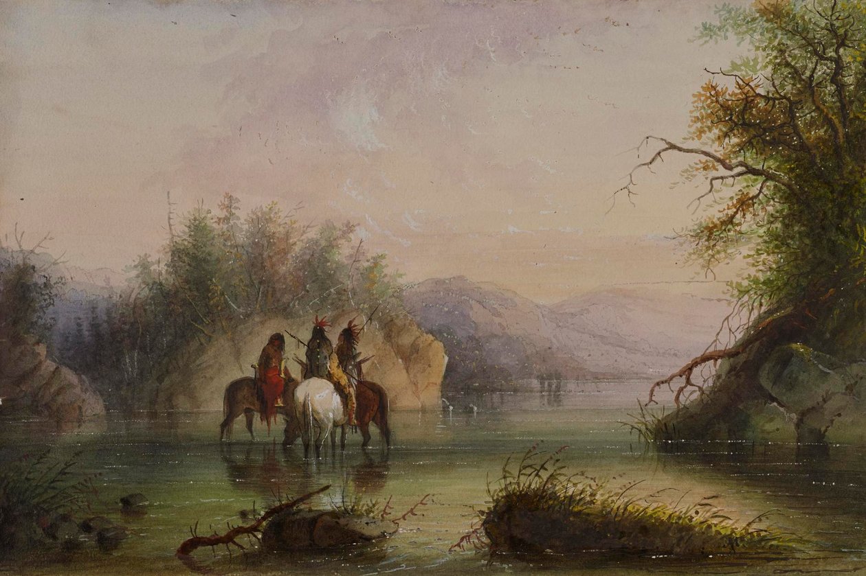 Cena ribeirinha — A dar de beber aos cavalos de Alfred Jacob Miller