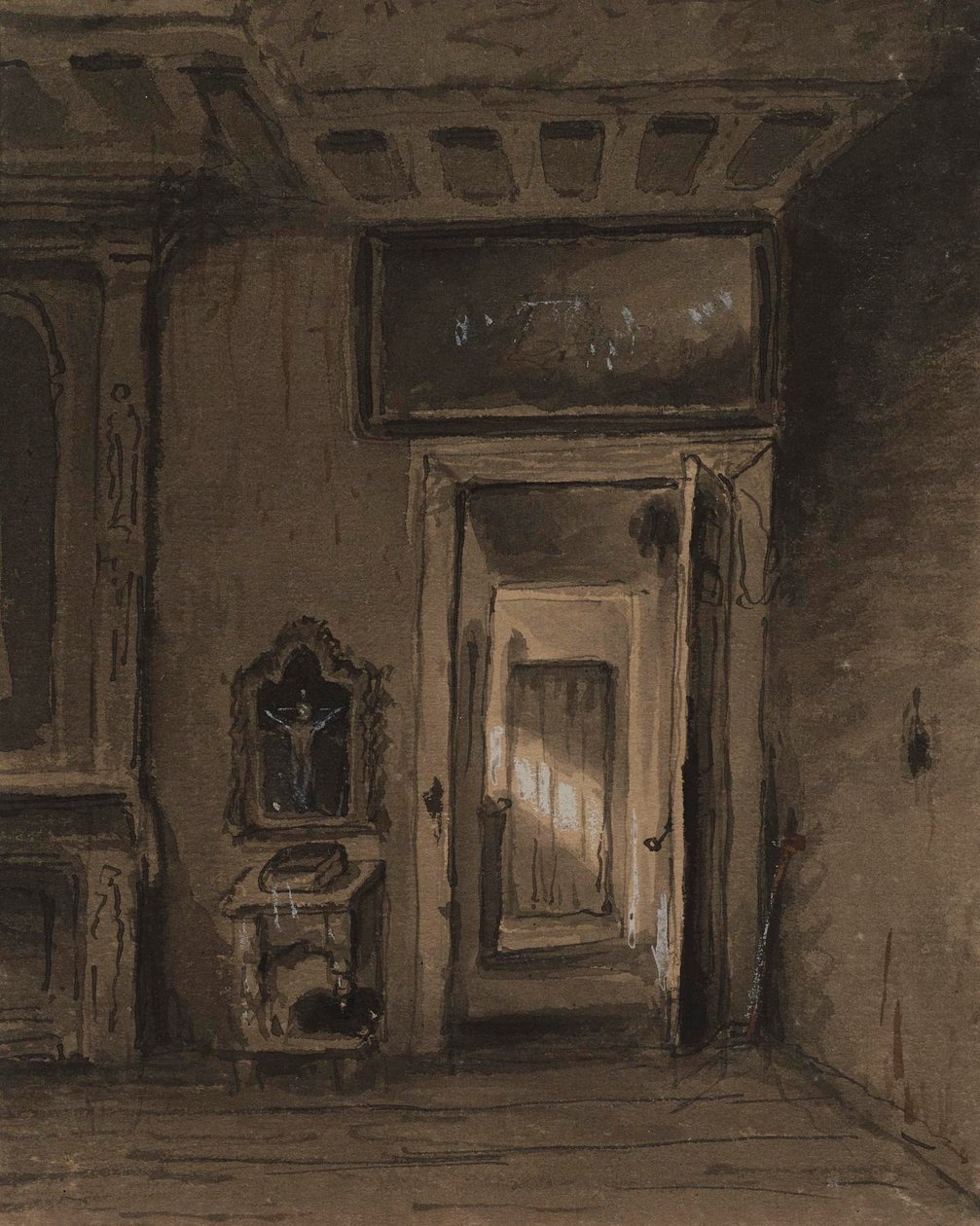 Sala com prie-dieu e porta aberta de Alfred Jacob Miller
