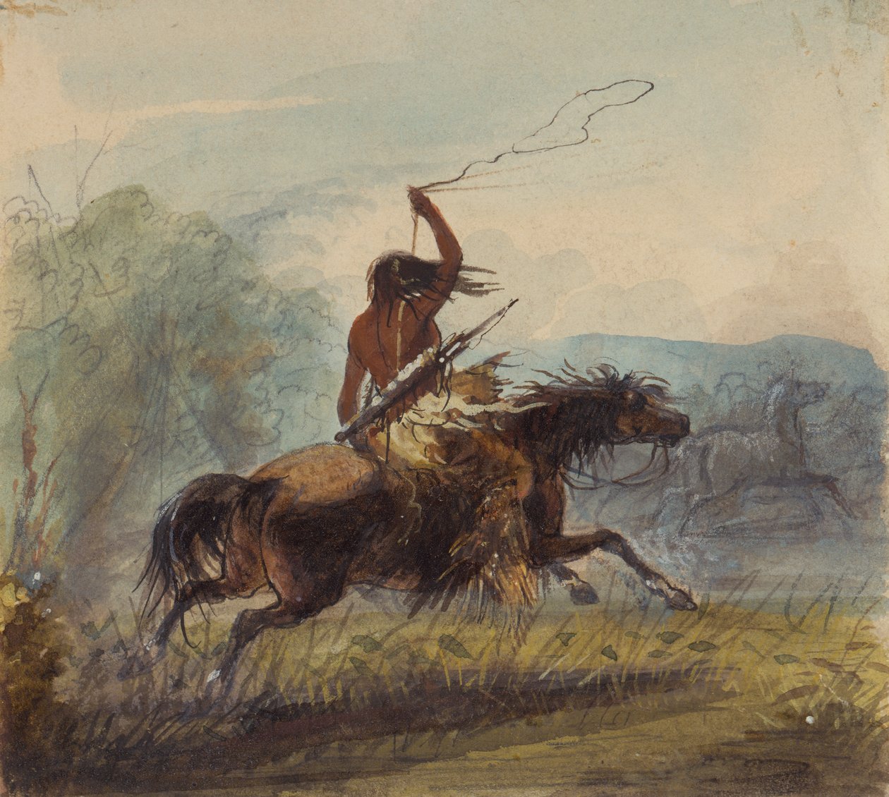 Shoshone Female Throwing the Lasso, c.1837 (lápis, aquarela e guache sobre papel) de Alfred Jacob Miller