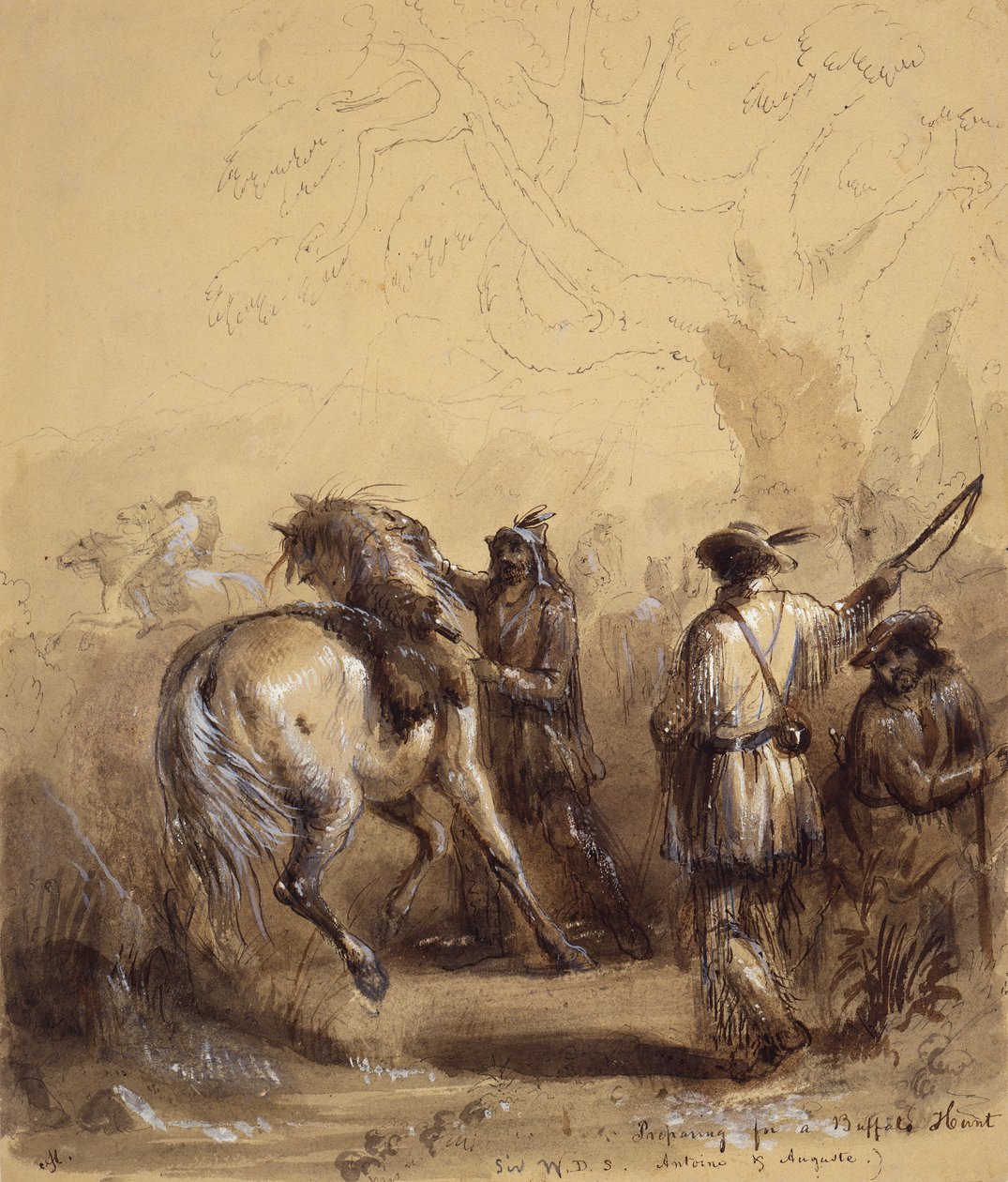 Sir W.D.S., Antoine e Auguste ou Preparing for a Buffalo Hunt, c.1837 (caneta e tinta, lavagem e guache sobre papel) de Alfred Jacob Miller