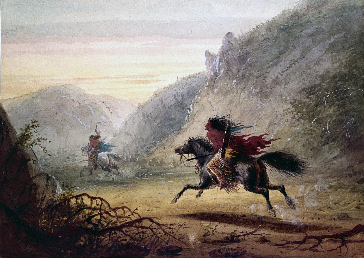 Índio da tribo Snake persegue ladrão de cavalos «Crow» de Alfred Jacob Miller