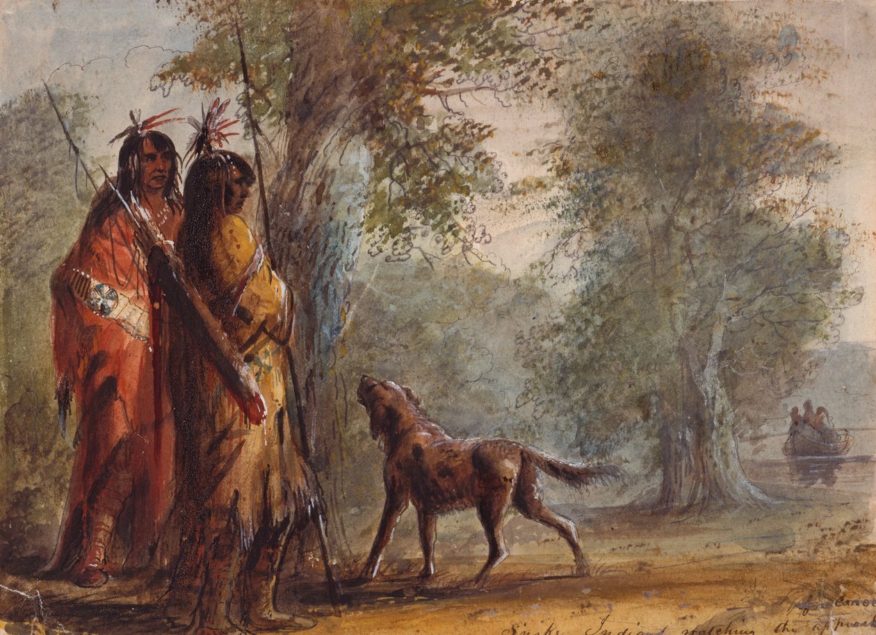 Índios serpentes a observar a aproximação de uma canoa, c.1837 (lápis, aguarela e guache sobre papel) de Alfred Jacob Miller