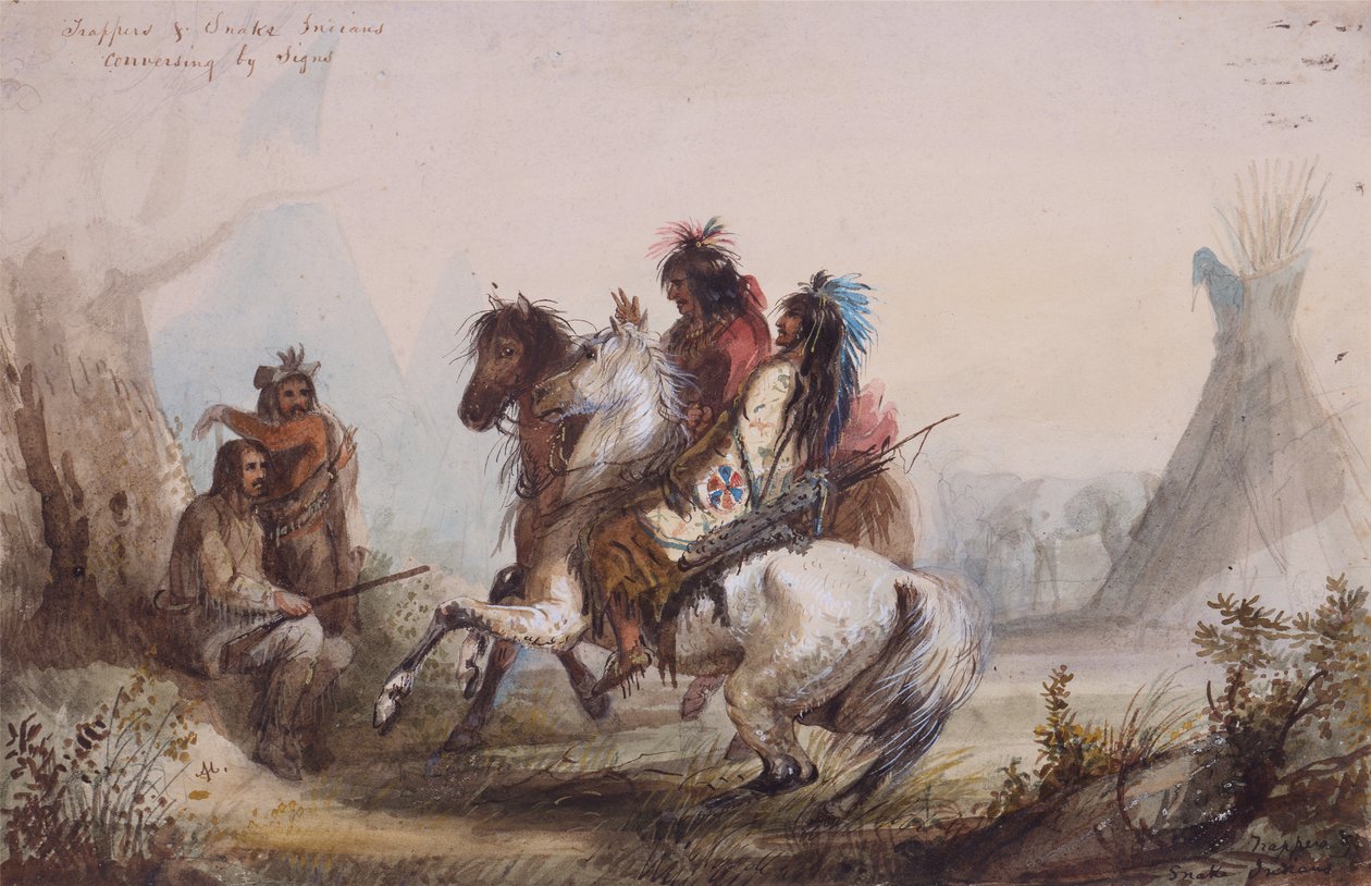 Caçadores e índios cobras conversando por sinais, c.1837 (lápis, aquarela e guache sobre papel) de Alfred Jacob Miller