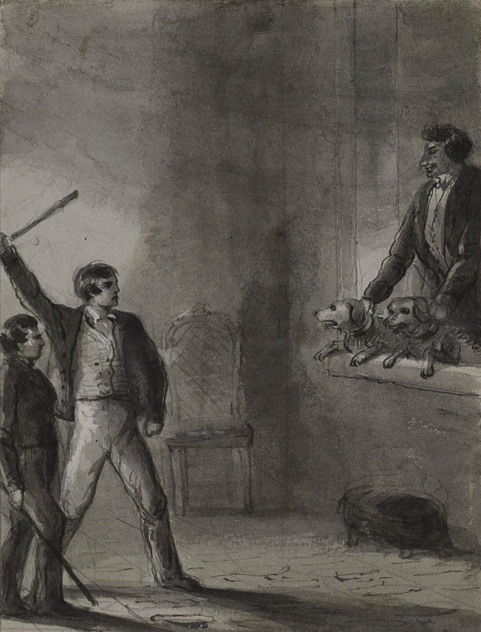 Dois rapazes com paus erguidos enquanto um homem e cães espreitam de uma janela de Alfred Jacob Miller