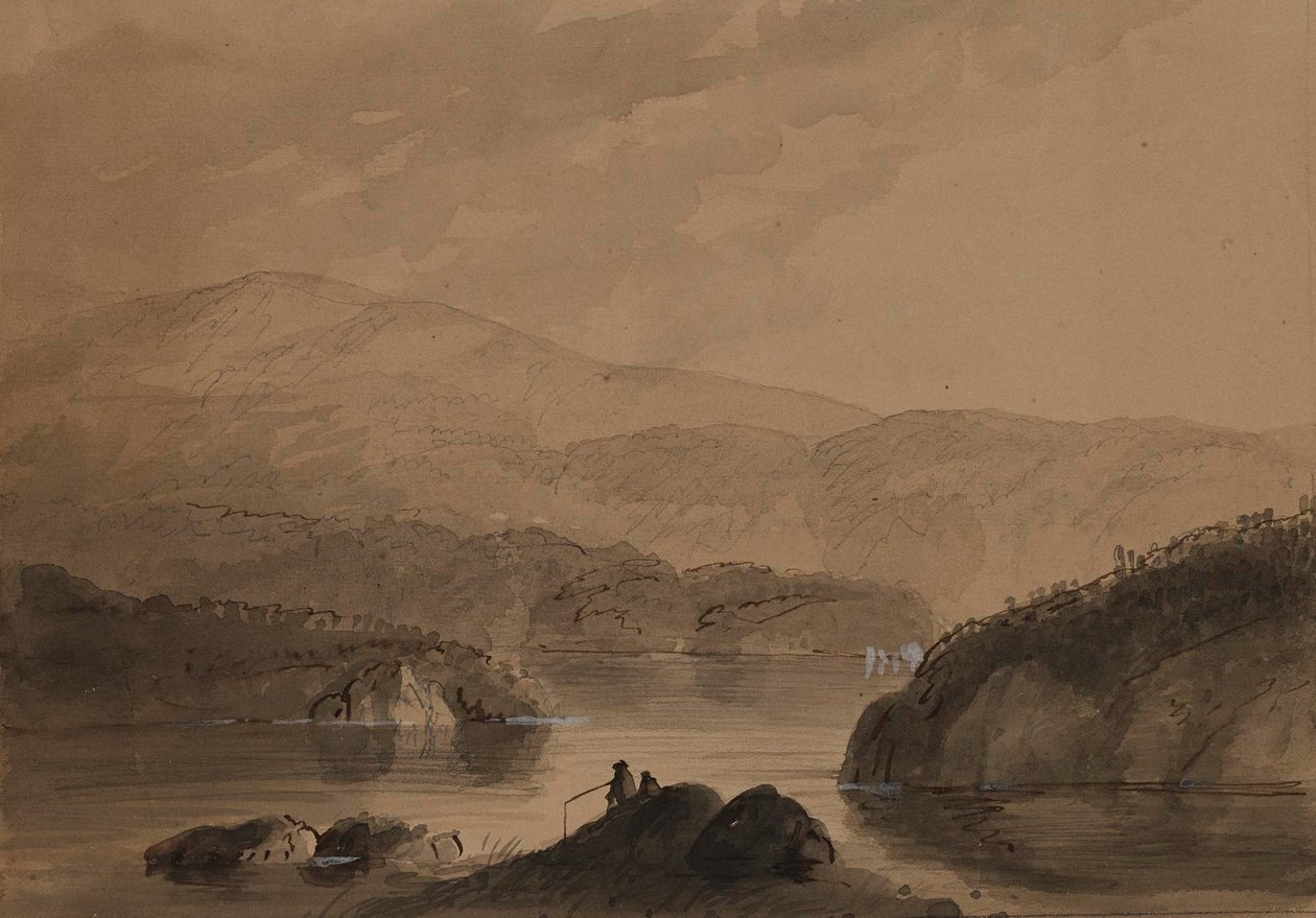 Vista de homens a pescar a partir de uma rocha num lago de Alfred Jacob Miller