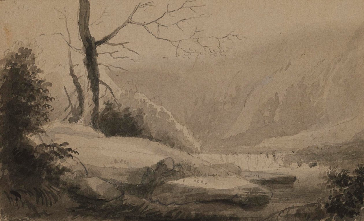 Vista de um ribeiro e montanhas de Alfred Jacob Miller