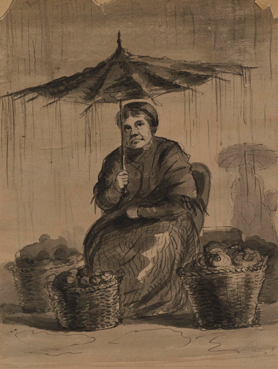 Mulher sob um guarda-chuva num mercado de Alfred Jacob Miller