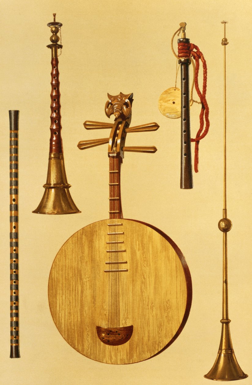 Um dizi, um sona, um yueqin, chinês, um hichiriki japonês e um laba chinês, de &39;Instrumentos Musicais&39; (litografia colorida) de Alfred James Hipkins