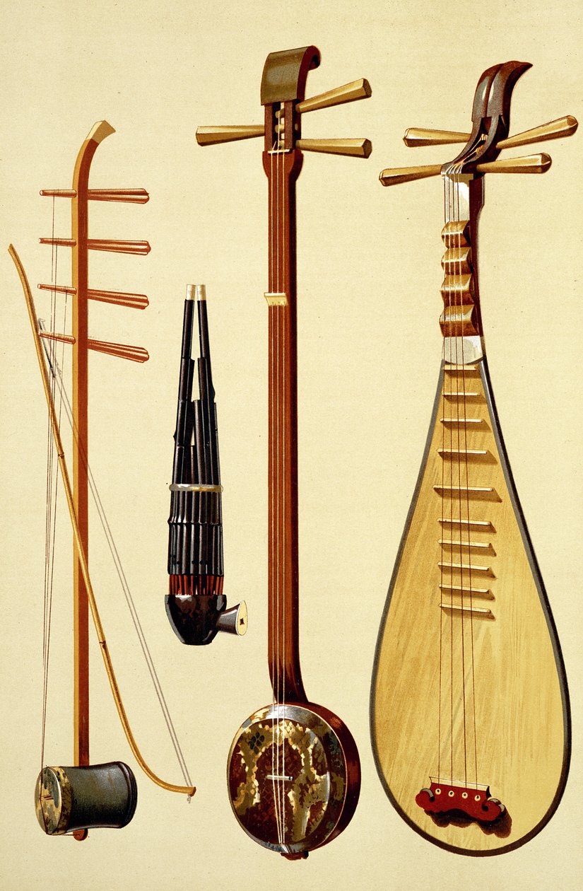 Um huqin e arco, um sheng, um sanxian e um pipa, instrumentos chineses de &39;instrumentos musicais&39; (lito colorido) de Alfred James Hipkins