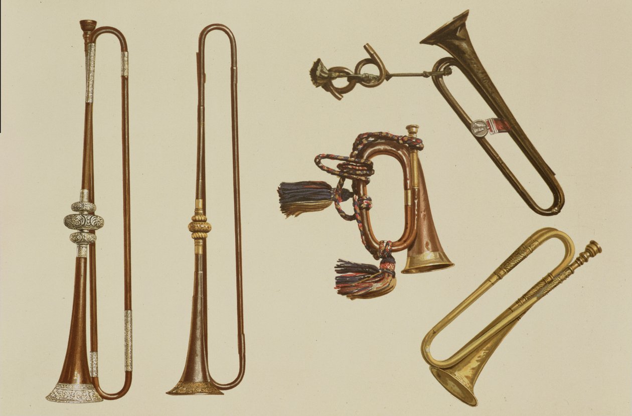 Trompete de cavalaria, corneta, trompete dourado de John Harris c.1730, trompete e trompete prateado de William Ball, c.1680, de &39;Musical Instruments&39; (litografia colorida) de Alfred James Hipkins