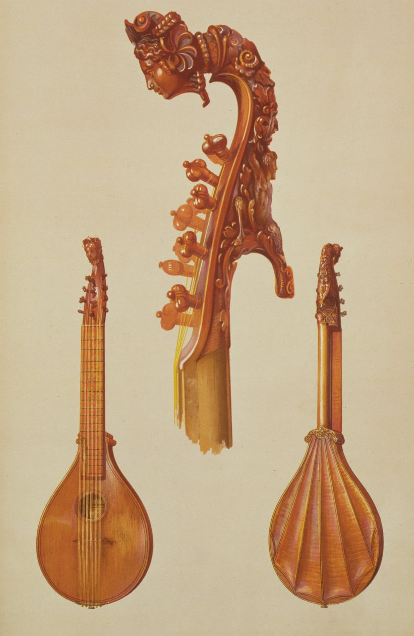 Cittern feita por Antonio Stradivarius (c.1644-1737) 1700, de &39;Instrumentos Musicais&39; (litografia colorida) de Alfred James Hipkins